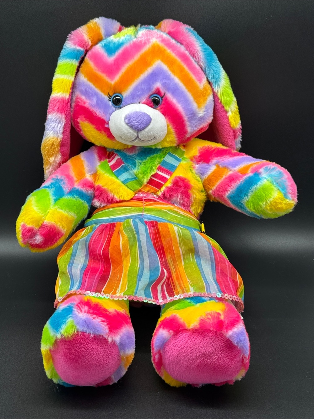 2014 Build-A-Bear Multicolor Rainbow Chevron Bunny in Striped Dress